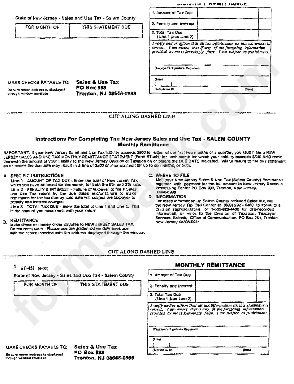 Form St-451 - Sales And Use Tax - Monthly Remittance