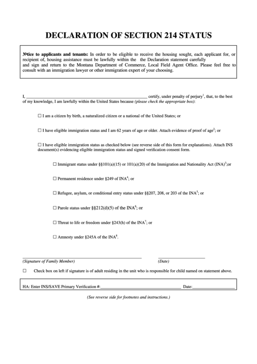 Fillable Declaration Of Section 214 Status Printable pdf