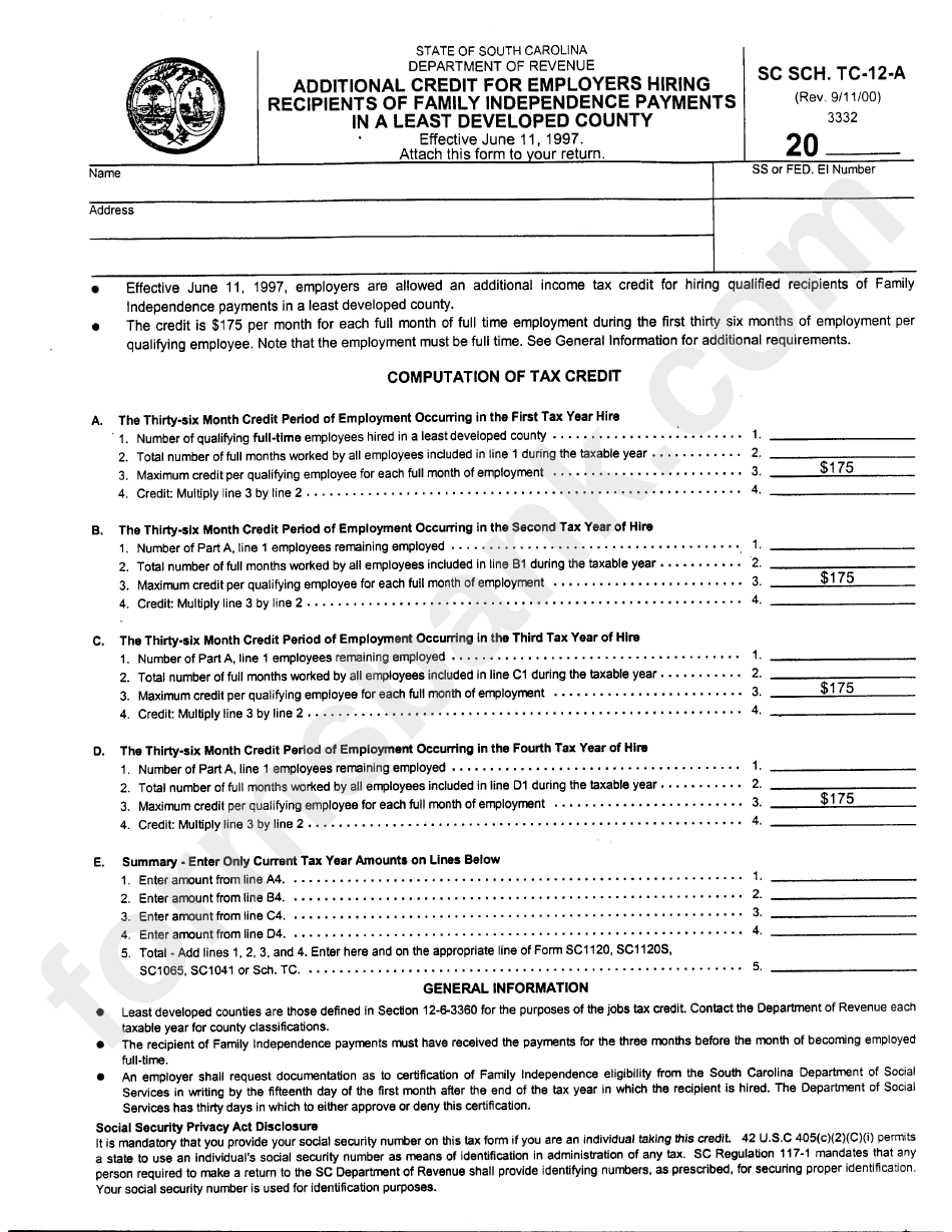 Form Sc Sch. Tc-12-A - Additional Credit For Employer
