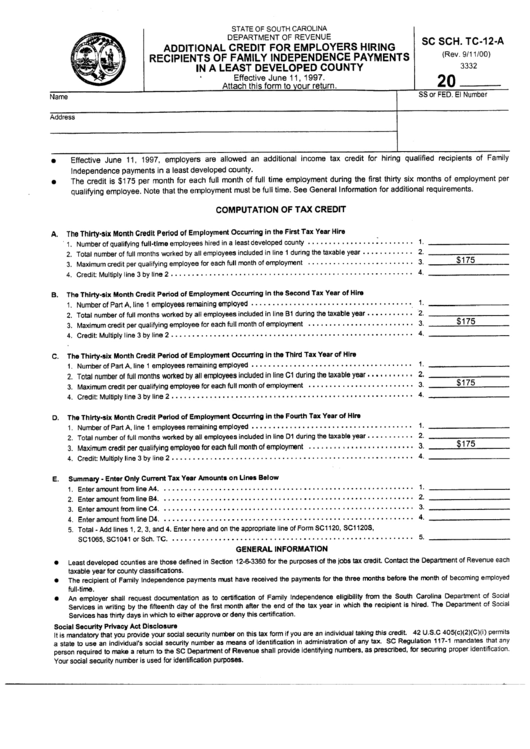 Form Sc Sch. Tc-12-A - Additional Credit For Employer