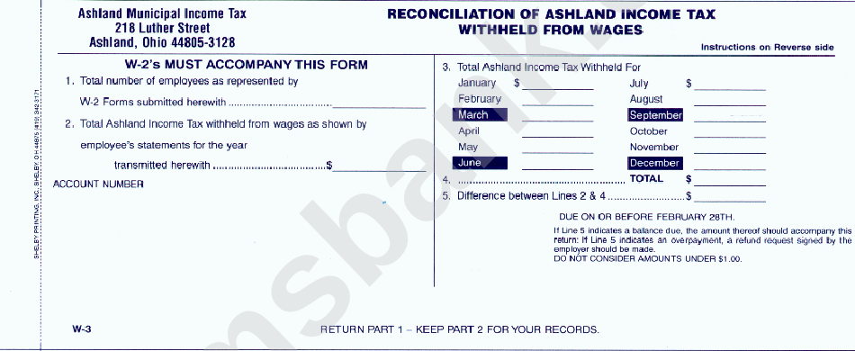 Form W-3 - Reconciliation Of Ashland Income Tax Withheld From Wages