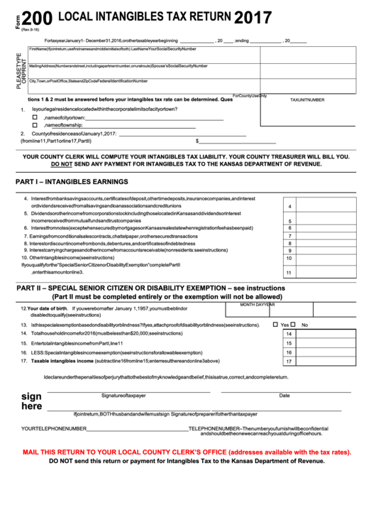 Fillable Form 200 - Local Intangibles Tax Return - 2017 Printable pdf
