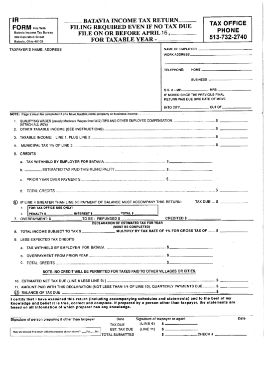 Form Ir - Batavia Income Tax Return Printable pdf