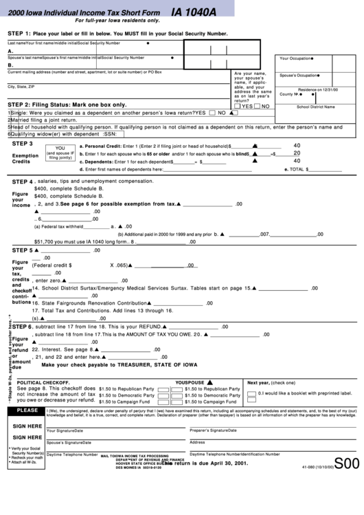 Form Ia-1040a - Iowa Individual Income Tax Short Form - 2000 printable ...