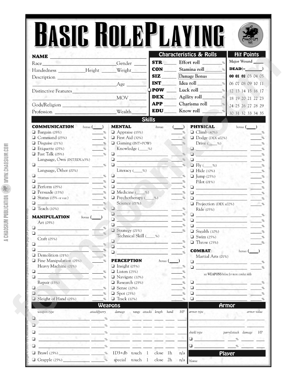 Basic RolePlaying Character Sheet printable pdf download