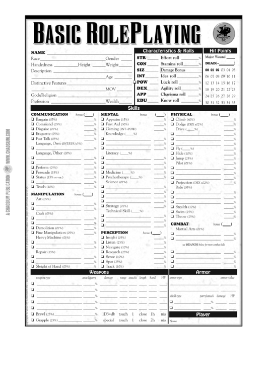Basic Role-Playing Character Sheet Printable pdf