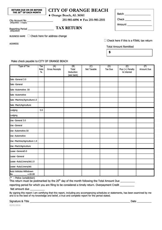 City Of Orange Beach Tax Return Form - 2016 Printable pdf