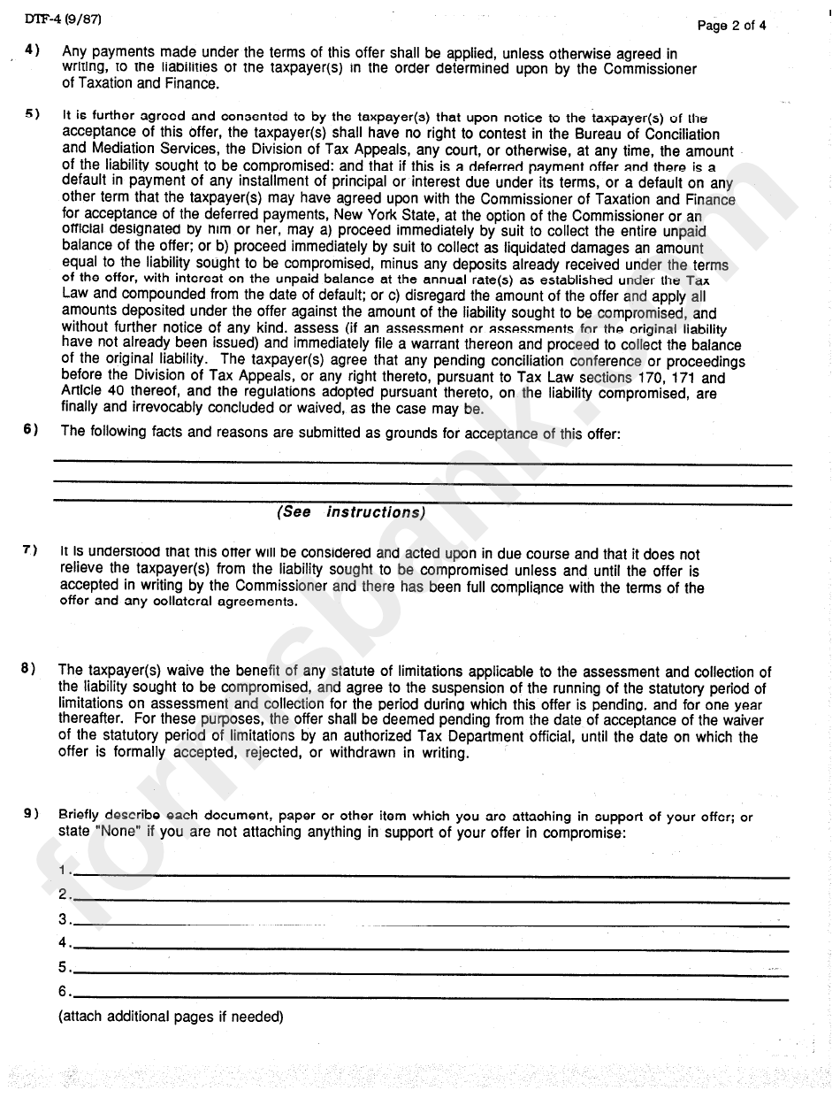 Form Dtf-4 - Offer In Compromise Form - New York State Department Of Taxation And Finance
