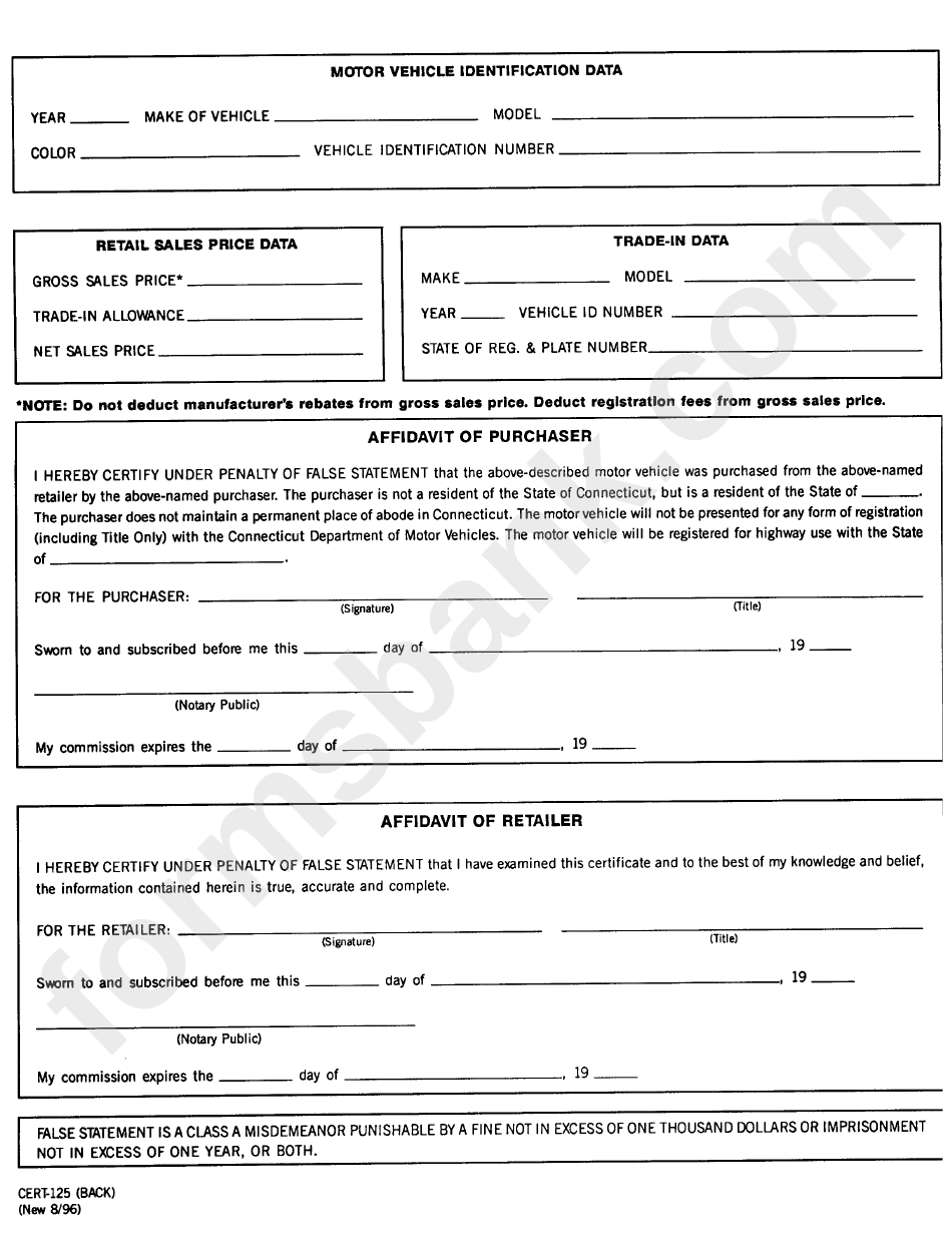 Form Cert-125 - Sales And Use Tax Exemption Form For Motor Vehicle Purchased Within The State Of Connecticut But Not Registered In The State By A Purchaser Who Does Not Reside In The State