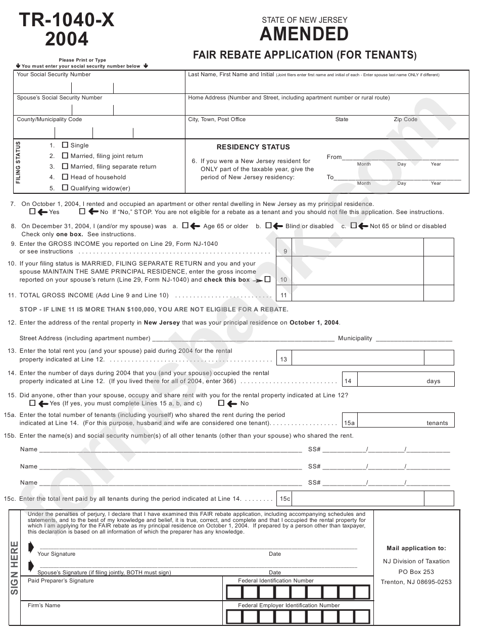 Form Tr-1040-X - Amended Fair Rebate Application (For Tenants) - 2004