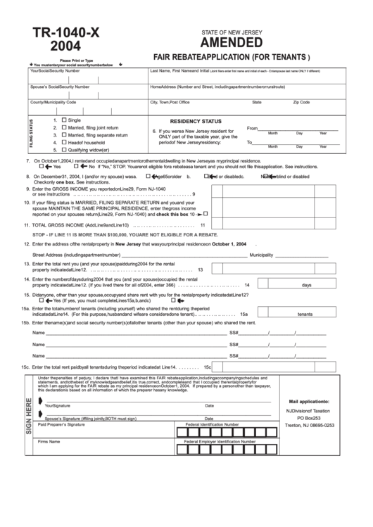 Form Tr-1040-X - Amended Fair Rebate Application (For Tenants) - 2004 Printable pdf