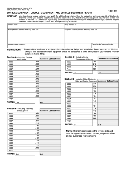 Form 2698 - Idle Equipment, Obsolete Equipment, And Surplus Equipment Report Forms - 2001 Printable pdf