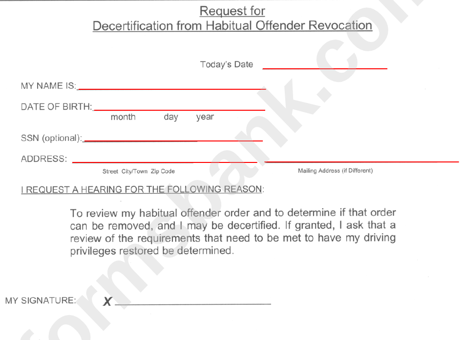 Request For Decertification From Habitual Offender Revocation