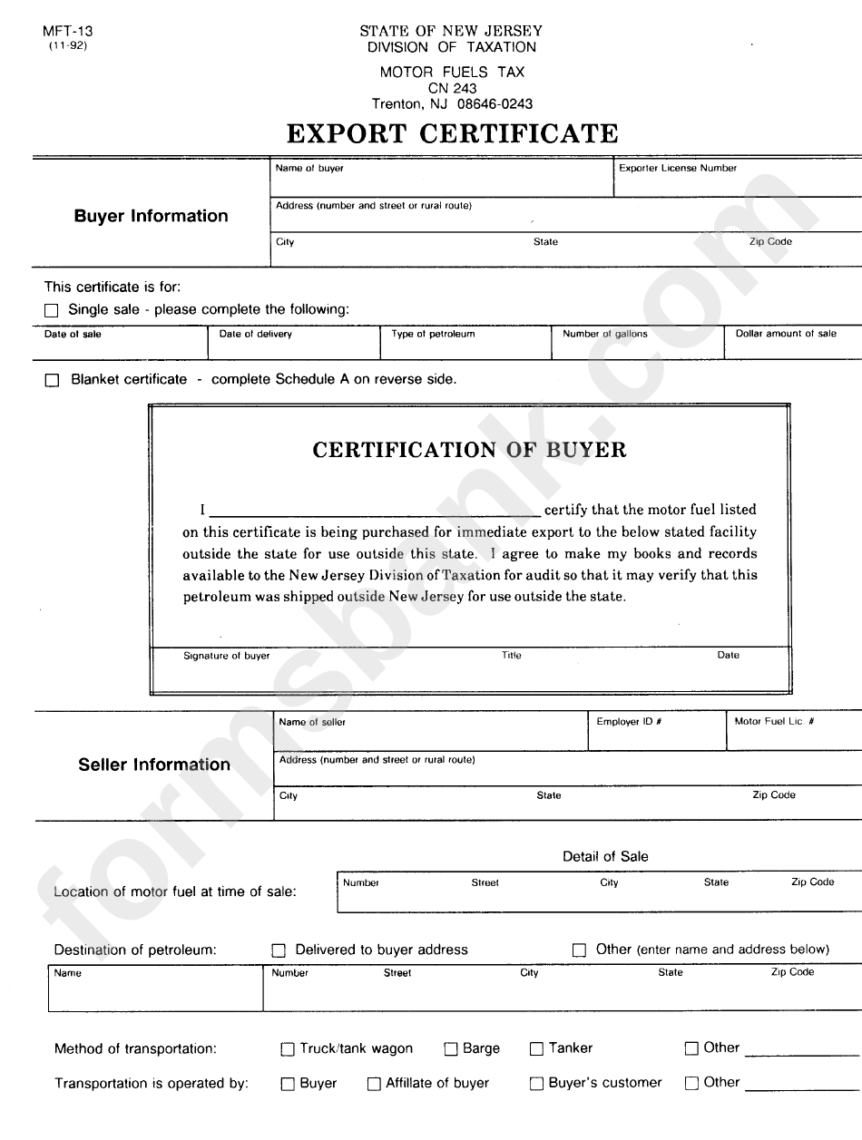 Form Mft-13 - Export Certificate - New Jersey Motor Fuels Tax