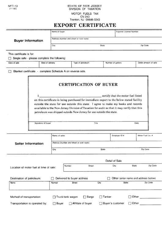 Form Mft-13 - Export Certificate - New Jersey Motor Fuels Tax Printable pdf