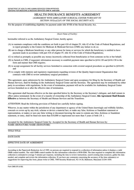 Form Cms-370 - Health Insurance Benefits Agreement-Ambulatory Surgical Center Printable pdf