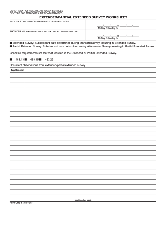Fillable Form Cms-673 - Extended/partial Extended Survey Worksheet Printable pdf