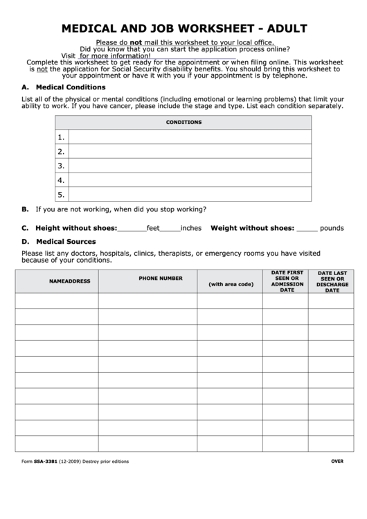 Form Ssa-3381 - Medical And Job Worksheet - Adult Printable pdf