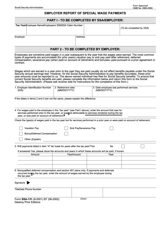 Fillable Form Ssa-131 - Employer Report Of Special Wage Payments Printable pdf