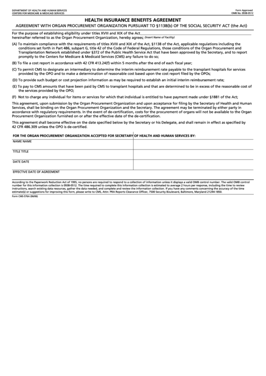 Fillable Form Cms-576a - Health Insurance Benefits Agreement With Organ Procurement Organization Printable pdf