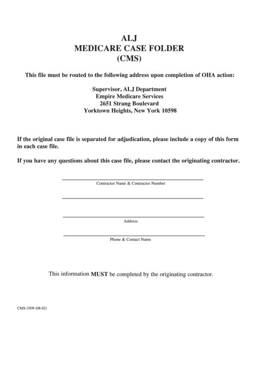 Form Cms-3509 - Alj Medicare Case Folder (Cms) Printable pdf