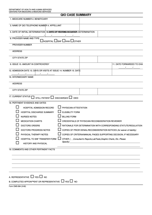 Form Cms-384 - Qio Case Summary Printable pdf