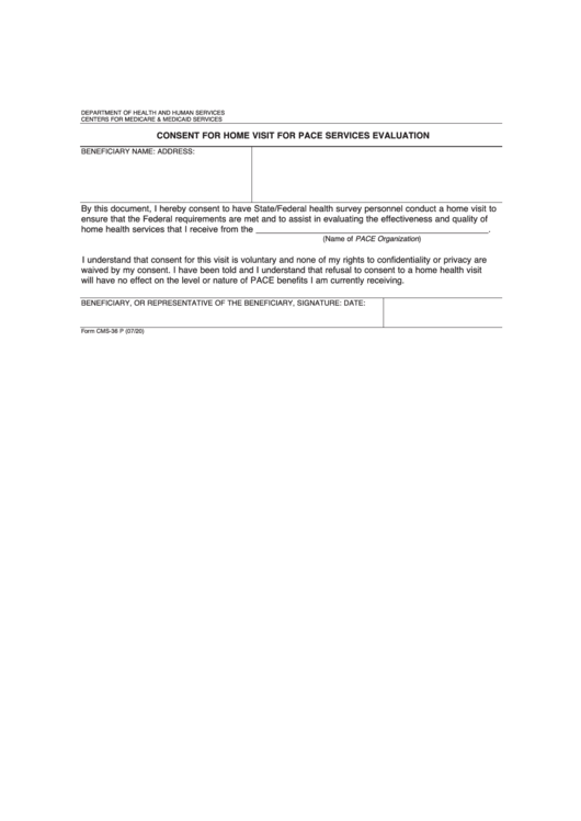 Fillable Form Cms-36p - Consent For Home Visit For Pace Services Evaluation Printable pdf