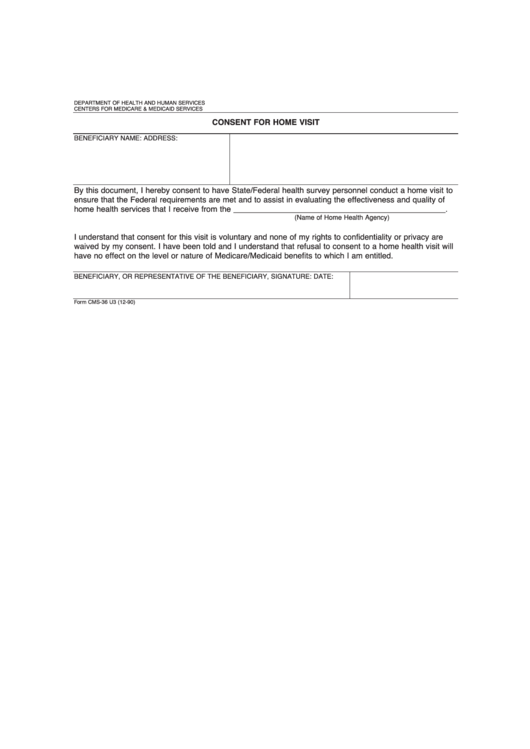 Fillable Form Cms-36u3 - Consent For Home Visit Printable pdf