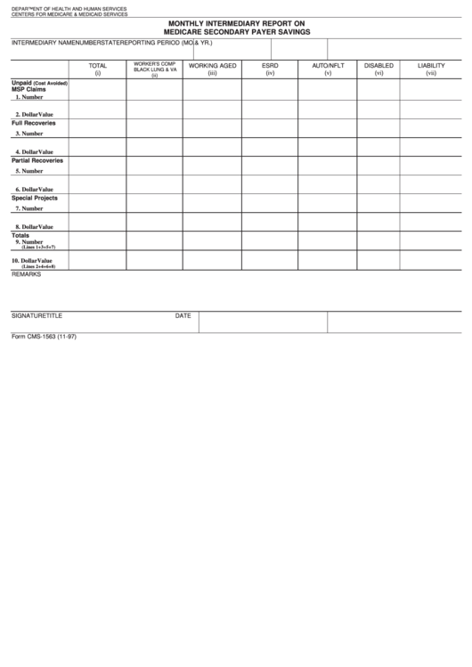 Form Cms-1563 - Monthly Intermediary Report On Medicare Secondary Payer Savings Printable pdf