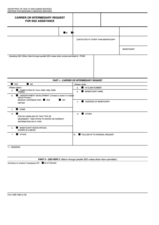 Form Cms-1980 - Carrier Or Intermediary Request For Sso Assistance Printable pdf