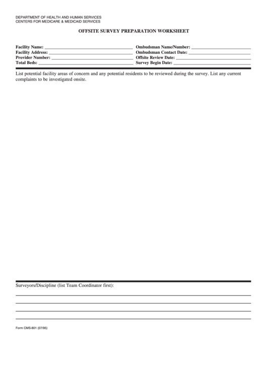 Fillable Form Cms-801 - Offsite Survey Prep Worksheet Printable pdf