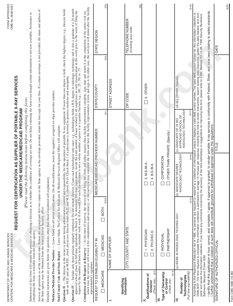 Form Cms-1880 - Request For Certification As Supplier Of Portable Xray Services
