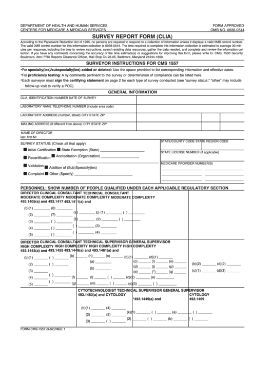 Form Cms-1557 - Survey Report Form - Clia Printable pdf