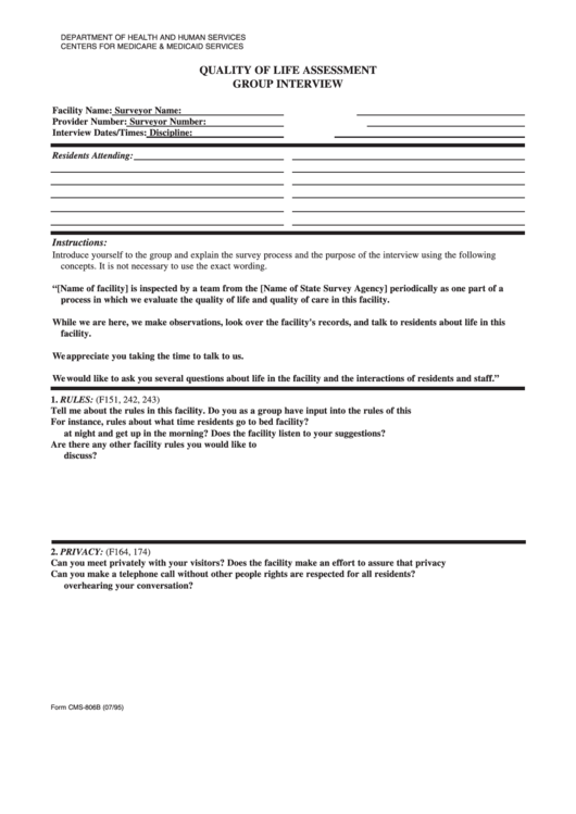 Form Cms-806b - Quality Of Life Assessment - Group Interview Printable pdf