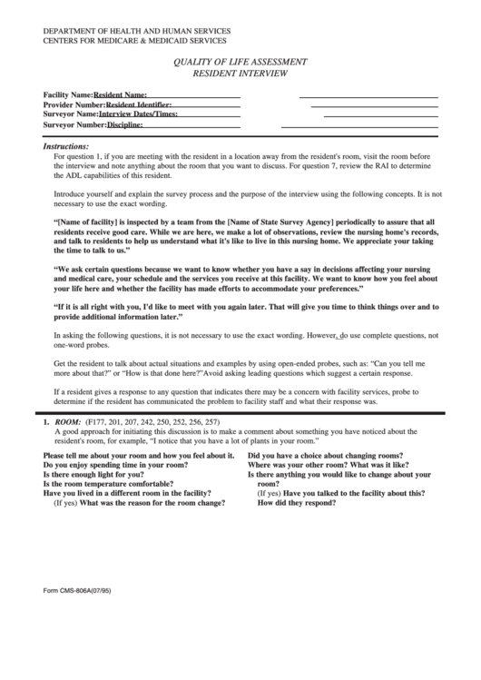 Form Cms-806a - Quality Of Life Assessment - Resident Interview Printable pdf