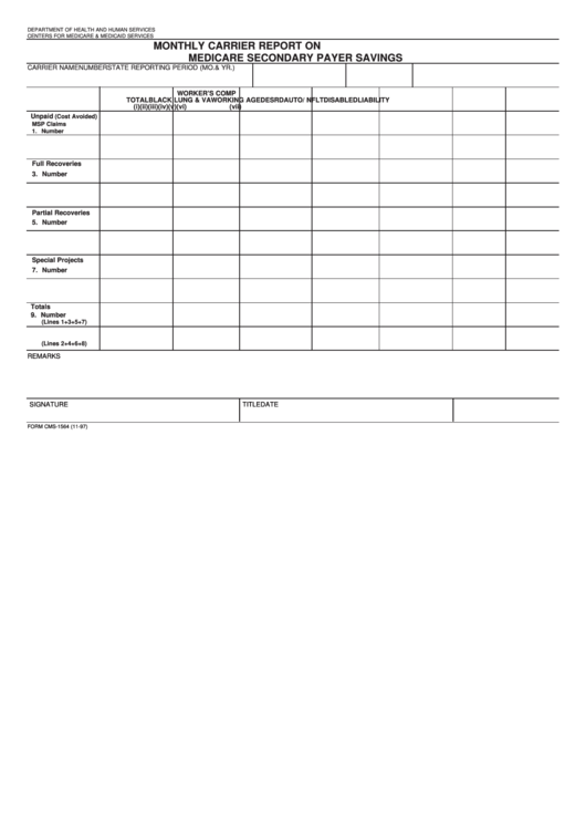 Form Cms-1564 - Monthly Carrier Report On Medicare Secondary Payer Savings Printable pdf