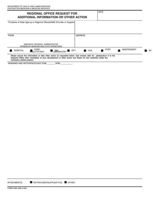Form Cms-1666 - Regional Office Request For Additional Information Printable pdf