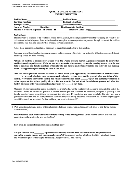 Form Cms-806c - Quality Of Life Assessment - Family Interview Printable pdf