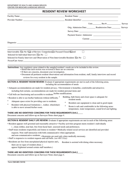 Fillable Form Cms-805 - Resident Review Worksheet Printable pdf