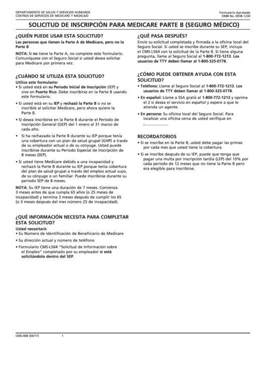 Fillable Formulario Cms-40b - Solicitud De Inscripcion Para Medicare Parte B (Seguro Medico) (Spanish Version) Printable pdf
