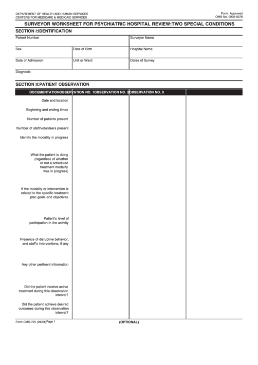 Form Cms-725 - Surveyor Worksheet For Psychiatric Hospital Review:two Special Conditions Printable pdf