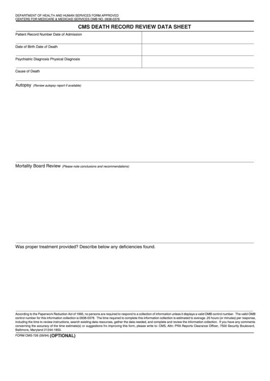Form Cms-726 - Cms Death Record Review Data Sheet Printable pdf