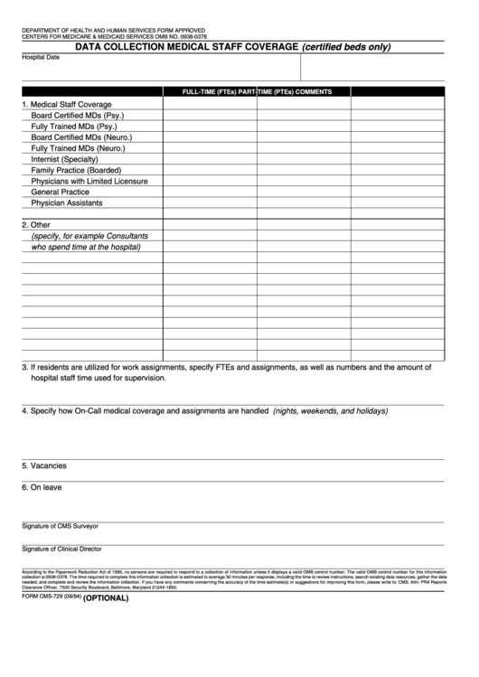 Form Cms-729 - Data Collection Medical Staff Coverage Printable pdf