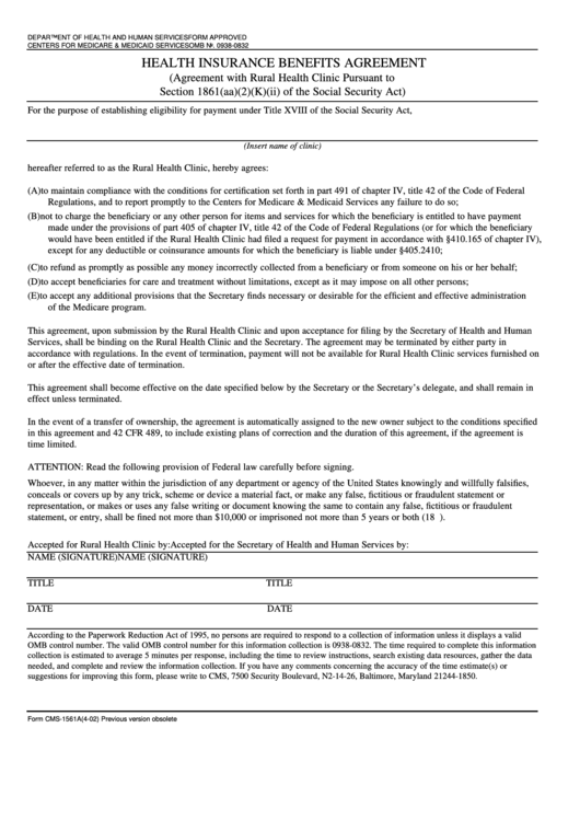Form Cms-1561a - Health Insurance Benefit Agreement-Rural Health Clinic Printable pdf