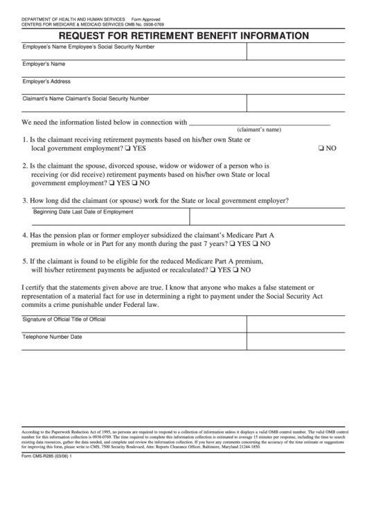 Fillable Form Cms-R285 - Request For Retirement Benefit Information Printable pdf