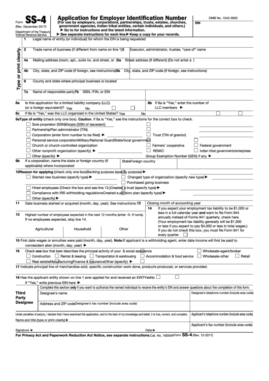 Fillable Form Ss4 Application For Employer Identification Number
