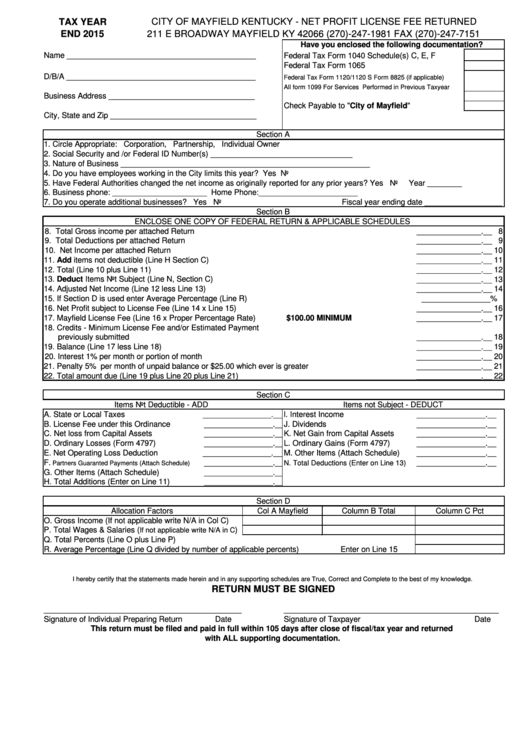 Net Profit License Fee Return - City Of Mayfield - 2015 Printable pdf
