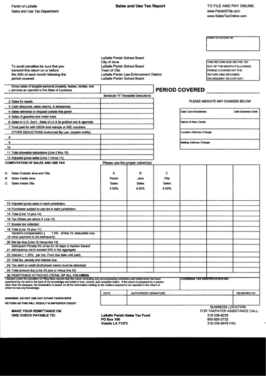 Sales And Use Tax Report - Parish Of Lasalle - State Of Louisiana Printable pdf