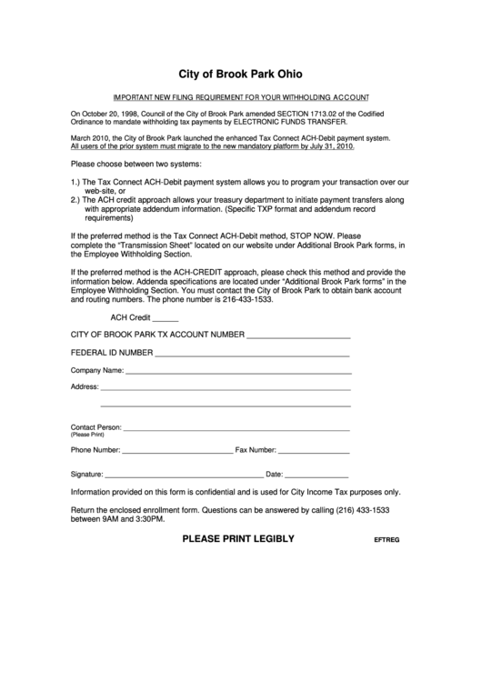 Instructions For Filing Requirement For Your Withholding Account - City Of Brook Park Ohio Printable pdf