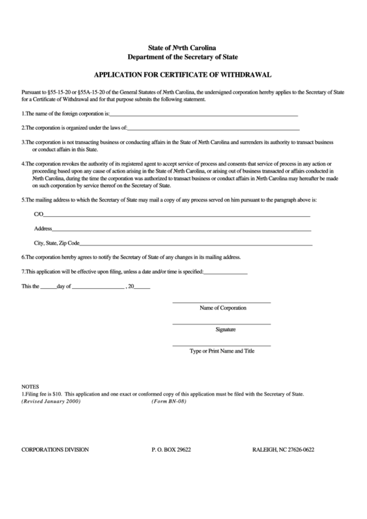 Form Bn-08 - Application For Certificate Of Withdrawal Printable pdf